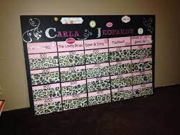 Bachelorette Party Jeopardy Board Game Homemade Peel The Adhered Paper Off Each Catego Bridal Shower Games Diy Bachelorette Party Bachelorette Party Jeopardy