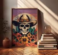 Cowboy Skeleton Skull Art Print | Retro 70s Western Poster | Neo  Traditional Tattoo Download | Desert Flower Cactus Decor