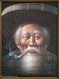 Beautiful Vintage Oil Painting of Chinese Portrait Smoking Pipe Signed  Niran!