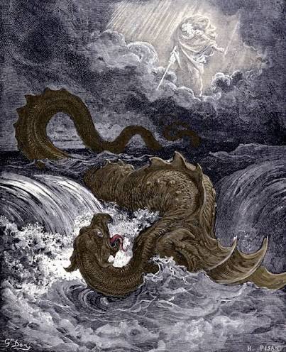 The Leviathan, sea monster resembling the sea snake referred to in the Bible. Illustrations of the Bible by Gustave Dore. Engraving of the 19th centur