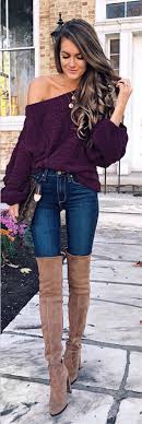 Fall Outfits Women S Purple Knitted Boat Neck Jacket And Blue Jeans With Pair Of Brown Suede Wide Calf Boots Outfit Click Fashion Fall Outfits Autumn Fashion