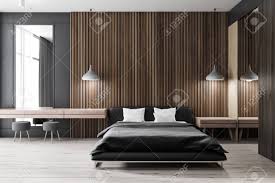 Beedroom bedroom pinterest room ideas bedrooms and room description: Interior Of Modern Bedroom With Dark Wooden Walls Wooden Floor Stock Photo Picture And Royalty Free Image Image 111681463