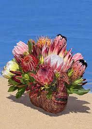 Turkey Basket Protea Arrangement For Thanksgiving Consists Of Spectacular Fall Maui Proteas And Foliage Pre Arranged In A Decorativ Foliage Flowers Arrangement