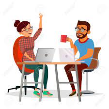 Business People Sitting At The Table Vector Laughing Friends Office Colleagues Man And Woman Talking To Each Character Illustration People Sitting Man Office