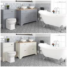The combined units are l shaped and available as either left or right handed, to fit perfectly with your existing bathroom layout. Milano Thornton Traditional Bathroom Suite With Freestanding Bath 1200mm Vanity Unit With Countertop Basins And Back To Wall Toilet
