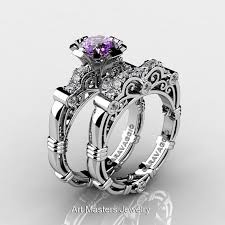 Black And Purple Wedding Ring Set Art Masters Caravaggio 14k White Gold 1 0 Ct Amethyst Diamon Engagement Rings Wedding Bands Set White Diamond Rings Engagement Diamond Sapphire Engagement Ring
