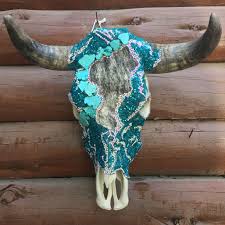 Teal And Lace Cow Skull