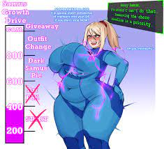 strongmoist, samus aran, metroid, nintendo, absurdres, highres, 1girl,  angry, ass, belly, blonde hair, blue bodysuit, blue eyes, blush, bodysuit,  breast expansion, breasts, covered navel, curvy, electricity, english text,  fat, female focus, grabbing