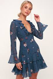 Run Free Dark Slate Blue Floral Print Ruffled Long Sleeve Dress Dresses Blue Cocktail Dress Maxi Wrap Dress