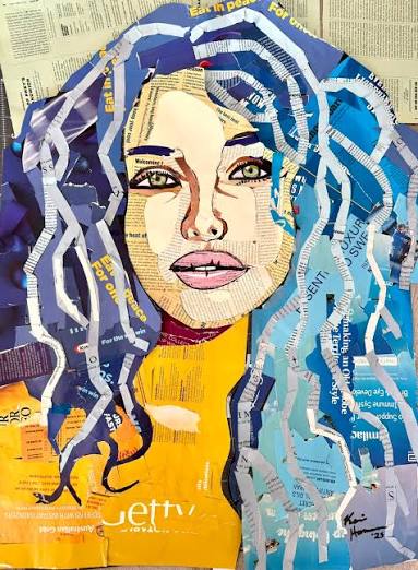 Recycled magazine collage art with layered paper and glue
