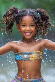 AI generated African American girl with curly pigtails tied by  vibrantribbons. She showcases big bright eyes and pure happiness asshe  dances in the rain. 40173545 Stock Photo at Vecteezy