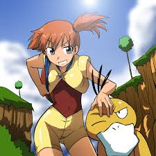 takaya n, misty (pokemon), psyduck, creatures (company), game freak,  nintendo, pokemon, pokemon (anime), pokemon rse (anime), 1girl, alternate  costume, bird, cloud, day, duck, gen 1 pokemon, orange hair, outdoors,  pokemon (creature), red