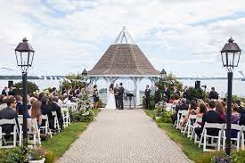 Tess James Outdoor Wedding Ceremony At The Gazebo At French S Point Maine Elegant Coastal Private Budget Wedding Venue Wedding Venues Estate Wedding Venue