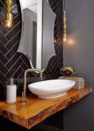 Chic Contemporary Powder Room Showcases A Stunning Live Edge Floating Vanity Finished With An Oval Vess Diy Vanity Mirror Bathroom Vanity Tops Elegant Bathroom