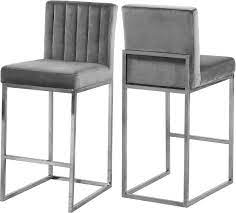 The chair assembles in a few minutes and wipes clean with just a soft cloth. Meridian Giselle Grey Velvet Stool With Chrome Frame Reviews Goedekers Com Contemporary Bar Stools Grey Bar Stools Meridian Furniture