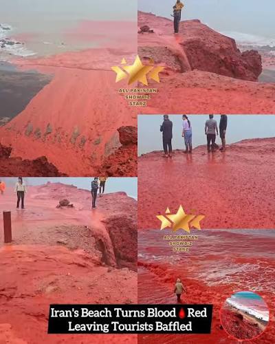 A beach in Iran has mysteriously turned blood🩸red, shocking tourists who  captured the eerie phenomenon on camera. 📸 The sudden change occurred  after heavy rainfall, 🌧️ with the beach's sand taking on