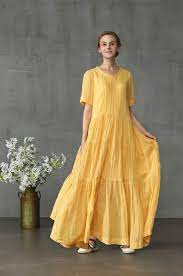 Maxi Flowy Linen Dress In Canary Yellow Smart Casual Aesthetics This Flattering Dress Can Be W Trendy Dresses Summer Yellow Prom Dress Long Flattering Dresses