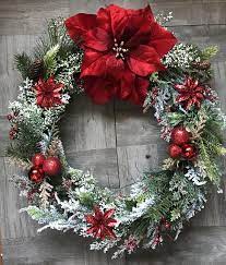 Christmas Poinsettia Floral Wreath 18 Grapevine Wreath With Large Red Poinsettia Flower Various Stems S Poinsettia Decor Christmas Wreaths Christmas Flowers