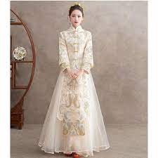 This is different than that in the west where the wedding color is dominated by pure white and black. Xs 4xl Plus Size Beige White Embroidered Chinese Traditional Wedding Long Feng Qun Kwa Tea Ceremony Dress Gown Shopee Malaysia