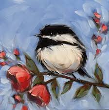 Bird Sitting On Branch Painting Little Bird Sitting On Branch Of Flowers Bird Art Print Oil Painting Chickadee Art
