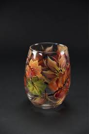 Hand Painted Large Stemless Wine Glass Colorful Fall Leaves Hand Painted Wine Glasses Tall Hurricane Candle Holders Lighted Wine Bottles