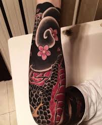 Black And Red Arm Sleeve Tattoos Love This Black And Pink Contrast As Well As The Over All Design On This Japanese Tattoo Arm Sl Japanese Tattoo Designs Japanese Sleeve Tattoos Sleeve Tattoos