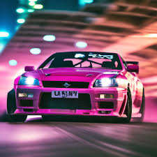 Ниссан Скайлайн р34 на трассе розового цвета, дрифтит красиво,  профессиональное фото, 30mm lens, 1250s, 4k, …» — картинка создана в  Шедевруме