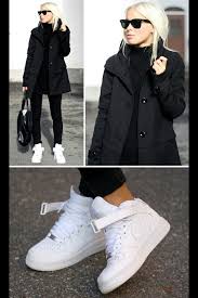 Black And White Air Forces Outfit Girl In Black Outfit With White Nike Air Force Fashion Nike High Tops How To Wear