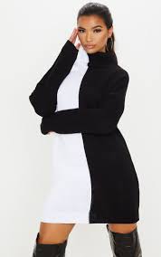Black And White Sweater Dress Black White Color Block Roll Neck Sweater Dress In 2020 Roll Neck Jumpers Roll Neck Sweater Roll Neck Jumper Dress