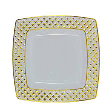 10 Assiettes Carrees 24 Cm Blanc Et Or Assiette Plastique Assiette Assiette Jetable