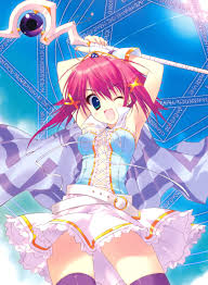 ryouka (suzuya), mitsurugi asuka, wizard girl ambitious, absurdres,  highres, scan, 10s, 1girl, ;d, armpits, arms up, black thighhighs, blue  eyes, breasts, cape, center opening, female focus, gloves, magic circle,  medium breasts, one