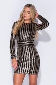 Runway Long Sleeves Black And Gold Sequin Bodycon Mini Bachelorette Dress Fashion Party Dress Outfits Dresses