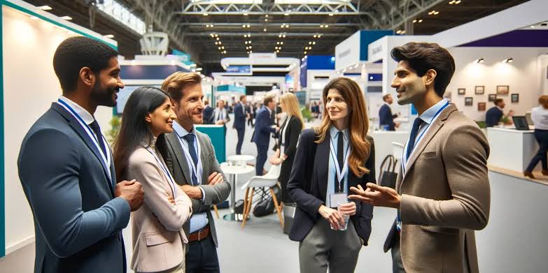 Networking on the exhibition floor, AI generated