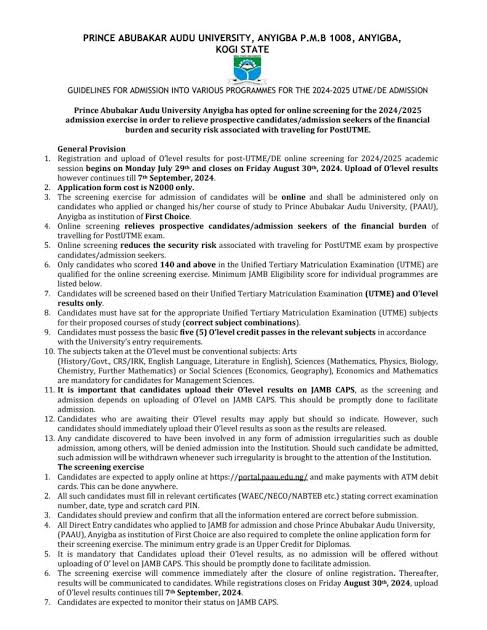 Prince Abubakar Audu University, PAAU 2024/2025 Post-UTME / PAAU Direct Entry Screening form