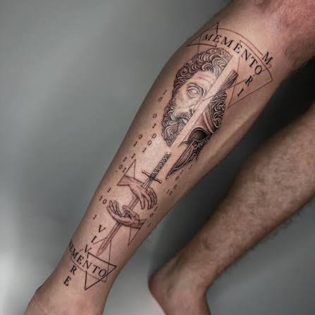 Marcus Aurelius 🗡️ Gladiator inspired leg tattoo, would love to do more Gladiator Roman empire tattoo designs! . . . . . #gladiator #tattoo #marcusaurelius #gladiatortattoo #legtattoo #fineliner #finelinetattoo