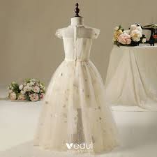 Für brautjungfern, brautmütter oder blumenkinder. Schone Kirche Kleider Fur Hochzeit 2017 Madchenkleider Champagner Lange A Linie Perle Rundhalsausschnitt Armellos Flechten Stoffgurtel