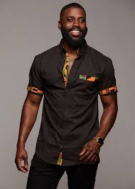 Black And Yellow Button Up Shirt Mens Dami Button Up African Print Trim Shirt Yellow Green Kente Black African Shirts For Men African Men Fashion African Clothing For Men