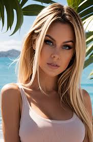 A woman in a pink top and black shorts posing on the beach - SeaArt AI