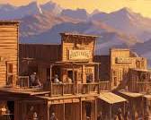 Image of dusty Texas town in the 1870s, with wooden buildings, horses tied to hitching posts, and cowboys walking down the street