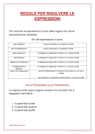 Se puó interessarti, di seguito puoi trovare piú informazioni sulle principali operazioni con potenze (somma, sottrazione, moltiplicazione e divisione di potenza, con la stessa o con differente base e con. Schede Didattiche Di Matematica Regole Per Risolvere Le Espressioni Sul Blog Trovi La Versione Pdf Da Espressioni Matematiche Matematica Schede Di Matematica