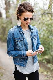 Pulled Back Short Hair Leather Earrings Aviators Denim Jacket Short Hair Outfits Fashion Everyday Outfits