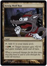 Until end of turn, werewolf pack leader has base power and toughness 5/3, gains trample, and isn't a human. Kessig Wolf Run Dewil Art