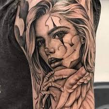 Black And White Womans Face Tattoo Design Black White Tattoo Clown Girl Tatt Black White Tattoos Tattoos For Guys White Tattoo