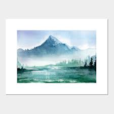 Royal blue, indigo, manganese blue nova, sap green, olive green, leaf green. Watercolor Painting Of Lake And Misty Mountain Landscape Posters And Art Prints Teepublic