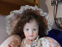 21" Porcelain Doll & Stand Peach over Lace dress Pantaloons Slippers Hat