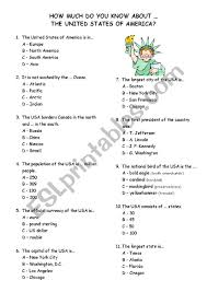 A warming up activity to see how much our students know about the usa. The Usa Quiz Esl Worksheet By Blackssheep