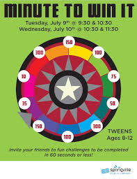 Like the name suggests, each game has the competitors racing against the clock to complete a task or perform a skill. Minute To Win It Springville Library