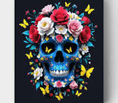 Blauwe Sugar Skull met Kleurrijke Bloemen - Schilderen op ...