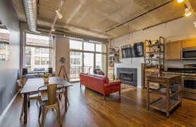 Modern Loft Style Open Concept Kitchen And Living Room With Hardwood Floors Concrete Ceilings Trendy Kitchen Backsplash Wood Shelves Kitchen Kitchen Flooring