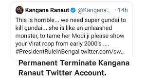 Twitter on tuesday permanently suspended actor kangana ranaut's account following a series of according to twitter's abusive behaviour policy, the account holders cannot engage in the she posted the video stating that it was an important message for our government on the bengal violence. Jn12szayimjntm